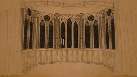 Gothic balcony in old castle 3d render cartoon old book style lines animated Stock Footage 152305755