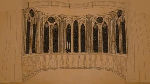 Gothic balcony in old castle 3d render illustration background 스톡 일러스트