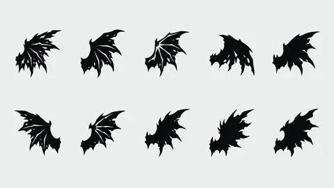 Gothic bat wing silhouettes and tattered dragon wing icons for dark fantasy.. Stock Illustration