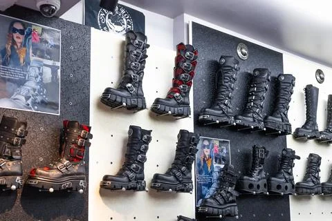 Gothic Black Leather Boots Display in Alternative Fashion Store. London, UK, 26 Stock Photos