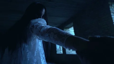 Gothic bride leading man by hand in old building, tempting, follow me parody Stock Footage 118092455
