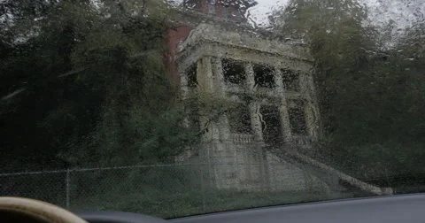 Gothic Building Viewed thru Rainy Windshield Stock Footage 68636085