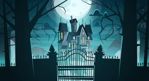 Gothic Castle Behind Gates In Moonlight Scary Building With Ghosts Halloween Illustrazione stock