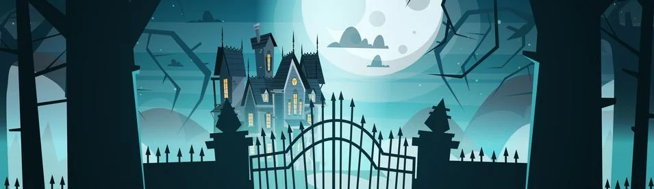 Gothic Castle Behind Gates In Moonlight Scary Building With Ghosts Halloween Illustrazione stock