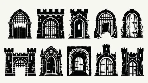 Gothic castle gates and stone archways silhouettes with ancient dungeon ent.. Stock Illustration