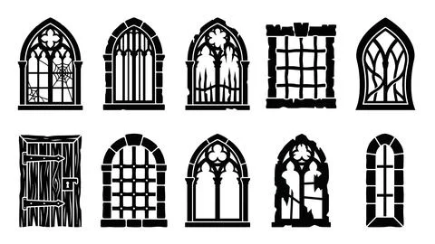 Gothic castle window and wooden door silhouette set for haunted architectur.. Stock Illustration