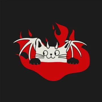 Gothic Cat Demon with Bat Wings and Fire Stock Illustration