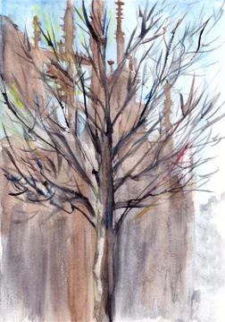 Gothic cathedral and tree against the blue sky, watercolor drawing, travel sk Illustrazione stock