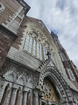 Gothic cathedral facade seen from dramatic low angle Stock Photos