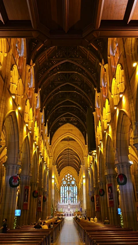 Gothic cathedral interior golden light, Australia Vertical 4K Stock Footage 348254211