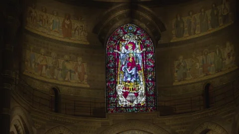 Gothic cathedral interior, overview of windows, walls and dome Stockbeeldmateriaal 315608457