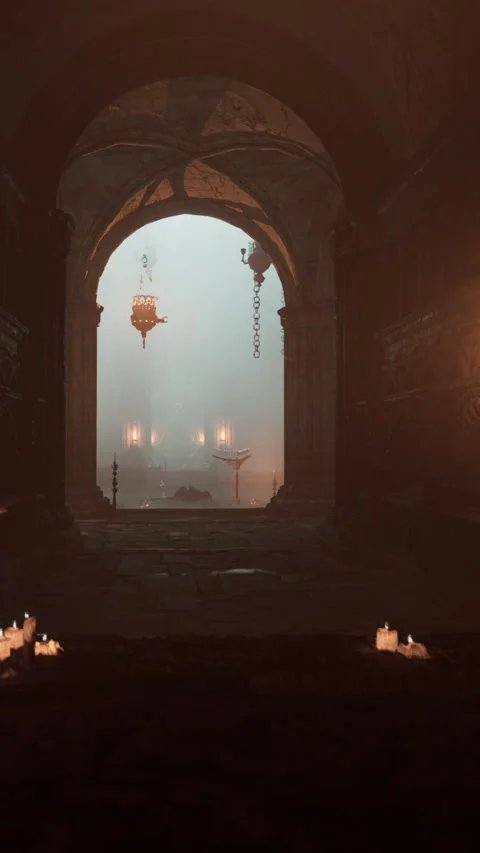 Gothic cathedral mystical candle-lit interior Stock Footage 278161981