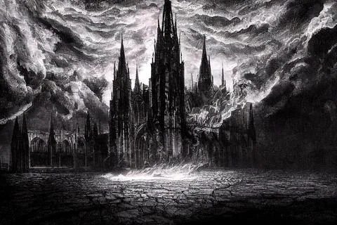 Gothic cathedral in mystical flames, fire burning. 2d illustration Stock Illustration