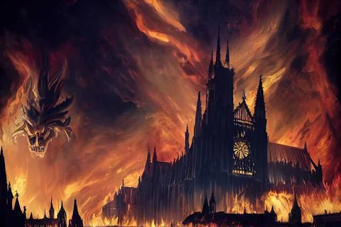 Gothic cathedral in mystical flames, fire burning. 2d illustration Stock Illustration