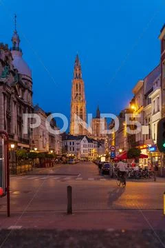 Gothic Cathedral at Night, Antwerp, Belgium Stock Photos