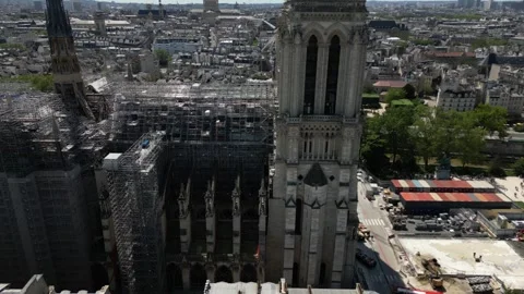 Gothic cathedral Notre Dame de Paris in France. Aerial circling panoramic Stock Footage 275248651