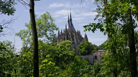 Gothic Cathedral Through Forest Trees in Kutná Hora Stock Footage 313881001