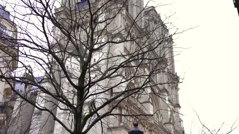 Gothic cathedral tower framed by bare tree branches against cloudy sky Stock Footage 317329673