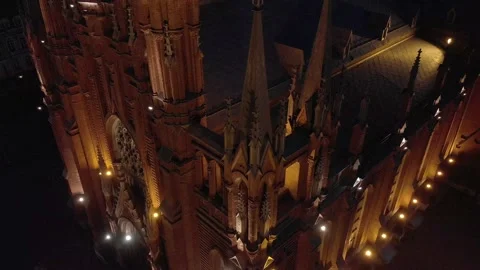 Gothic Catholic Cathedral At Night (RAW FOOTAGE) Stock Footage 228609070
