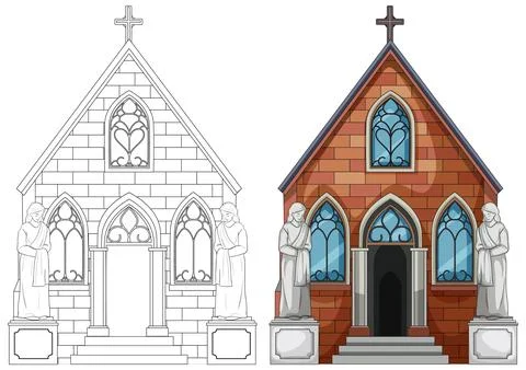 Gothic Chapel Front View with Colored and Outline Versions Stock Illustration