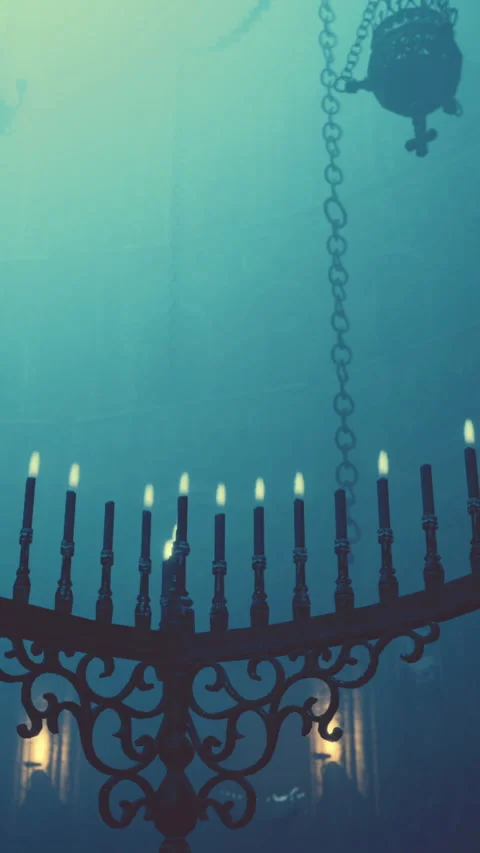 Gothic church captivating candle-lit interior Stock Footage 277645643
