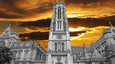 Gothic church of Saint Germain l Auxerrois against the sunset, Paris, France Stock Footage 264944378
