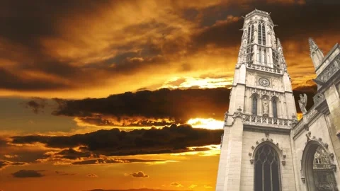 Gothic church of Saint Germain l Auxerrois against the sunset, Paris, France Stock Footage 264944396