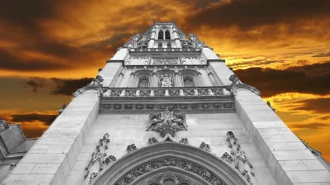 Gothic church of Saint Germain l Auxerrois against the sunset, Paris, France Stock Footage 264944408