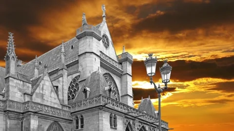 Gothic church of Saint Germain l Auxerrois against the sunset, Paris, France Stock Footage 264944433