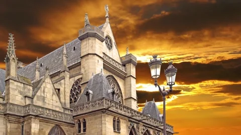 Gothic church of Saint Germain l Auxerrois against the sunset, Paris, France Stock Footage 264944441