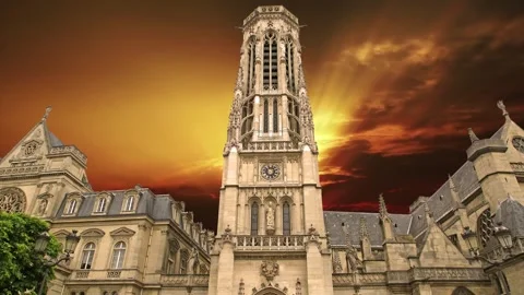 Gothic church of Saint Germain l Auxerrois against the sunset, Paris, France Stock Footage 264944461