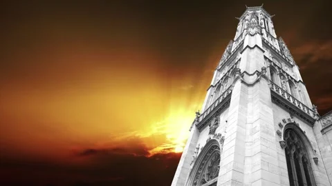 Gothic church of Saint Germain l Auxerrois against the sunset, Paris, France Stock Footage 264944472