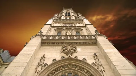 Gothic church of Saint Germain l Auxerrois against the sunset, Paris, France Stock Footage 264944504
