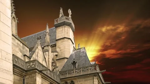 Gothic church of Saint Germain l Auxerrois against the sunset, Paris, France Stock Footage 264944529