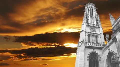 Gothic church of Saint Germain l Auxerrois against the sunset, Paris, France Stock Footage 265844145