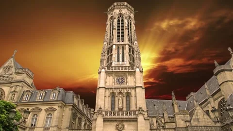 Gothic church of Saint Germain l Auxerrois against the sunset, Paris, France Stock Footage 265844259
