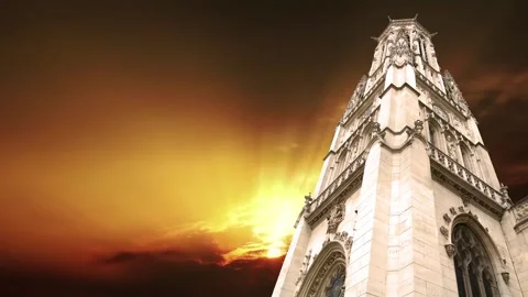 Gothic church of Saint Germain l Auxerrois against the sunset, Paris, France Stock Footage 265844281
