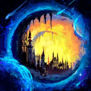 A Gothic city on the moon surrounded by comets, clumps of energy and lots of  스톡 일러스트