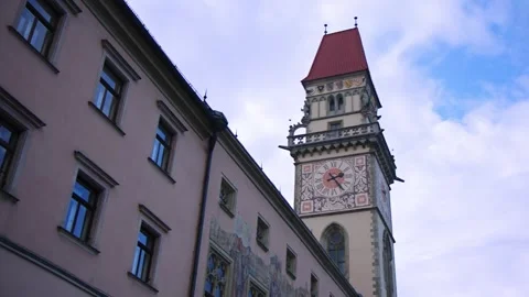 Gothic Clock Tower and Historic Building in European Old Town Stock Footage 301581924