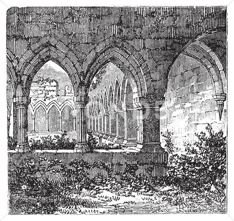 Gothic Cloisters And Arch At Kilconnel Abbey, In County Galway, Ireland. Old