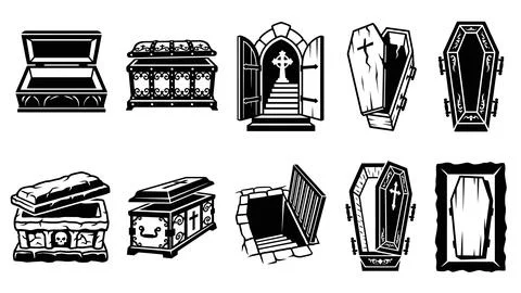 Gothic coffin and open grave silhouettes on white background for creepy hal.. Stock Illustration