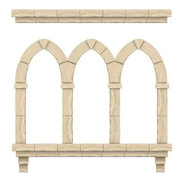 Gothic colonnade balcony facade with stone arches Stock Illustration