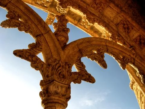 Gothic Column Ornaments in the Window of the Monastery in Lisbon in Portugal Stock Photos