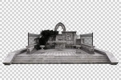 Gothic courtyard with stone arch and fountain with steps in front and an iron Stock Illustration