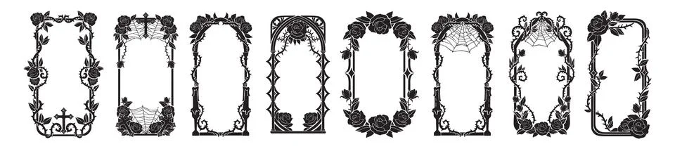 Gothic dark frame, rose spike branch border, Halloween spooky baroque Stock Illustration