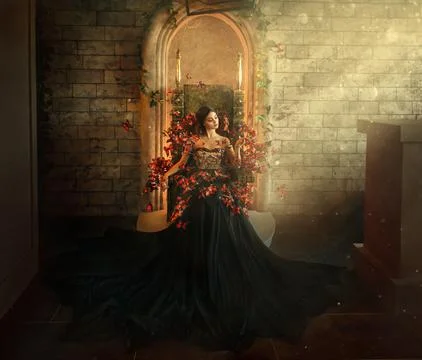 Gothic dark queen sits in castle on golden throne. black dress with butterf.. Stock Photos