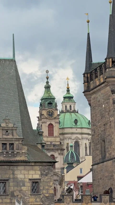 Gothic domes and towers on the Mala Strana skyline, Prague Stock Footage 345377619