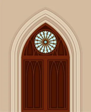 Gothic Double Door with Pointed Arch and Circle Window as Ancient Building Stock Illustration