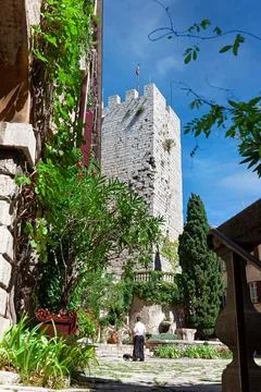 Gothic Duino castle on a cliff over the Gulf of Trieste (Adriatic sea), Italy Stock Photos