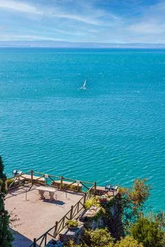 Gothic Duino castle on a cliff over the Gulf of Trieste (Adriatic sea), Italy Stock Photos